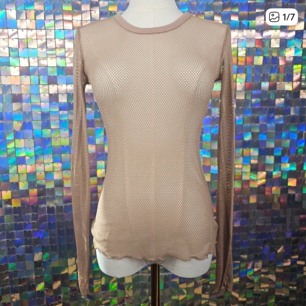 Womens Long Sleeve Mesh Fishnet See Through Sheer Knit Top Shirt Taupe Size M